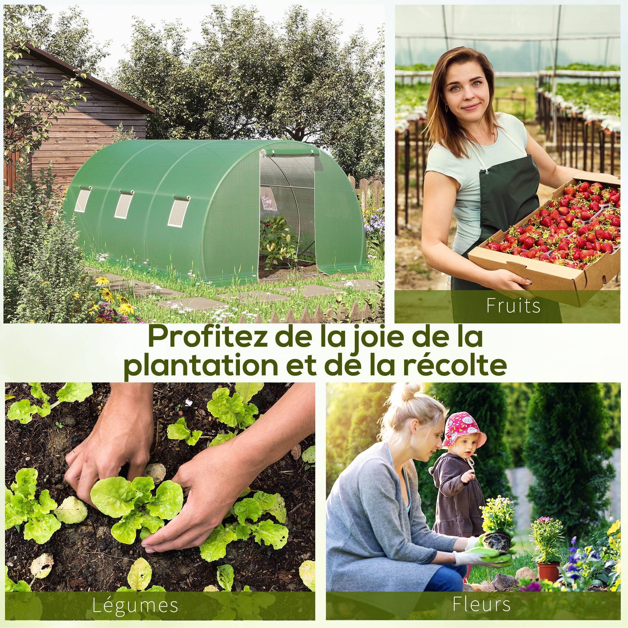 Serre de jardin tunnel 13,5 m² 6 fenêtres porte zippée enroulable châssis acier galvanisé bâche PE 4,5 x 3 x 2 m vert - Image 9
