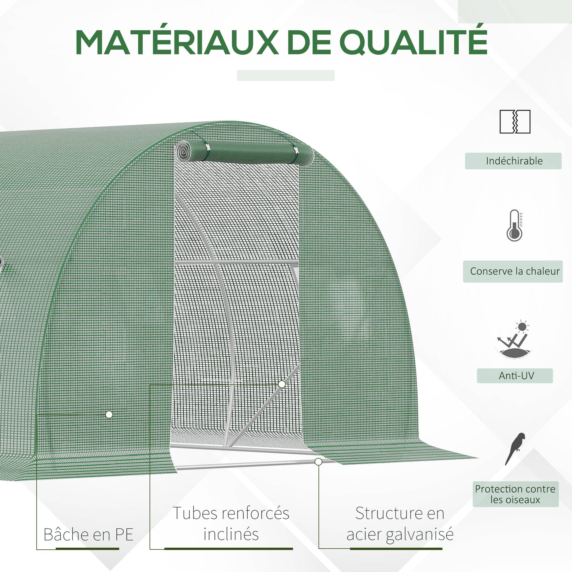 Serre de jardin tunnel 13,5 m² 6 fenêtres porte zippée enroulable châssis acier galvanisé bâche PE 4,5 x 3 x 2 m vert - Image 6