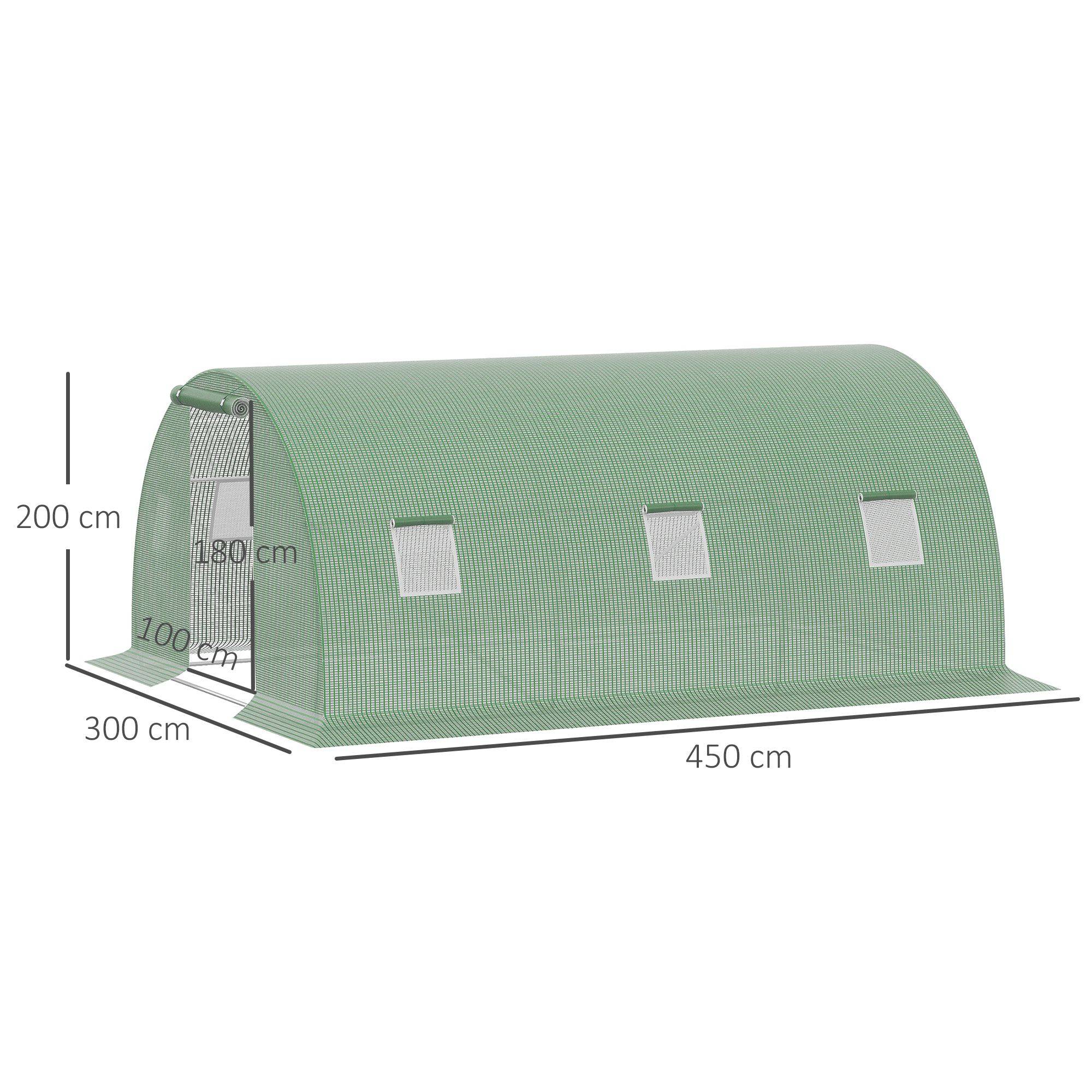 Serre de jardin tunnel 13,5 m² 6 fenêtres porte zippée enroulable châssis acier galvanisé bâche PE 4,5 x 3 x 2 m vert - Image 5