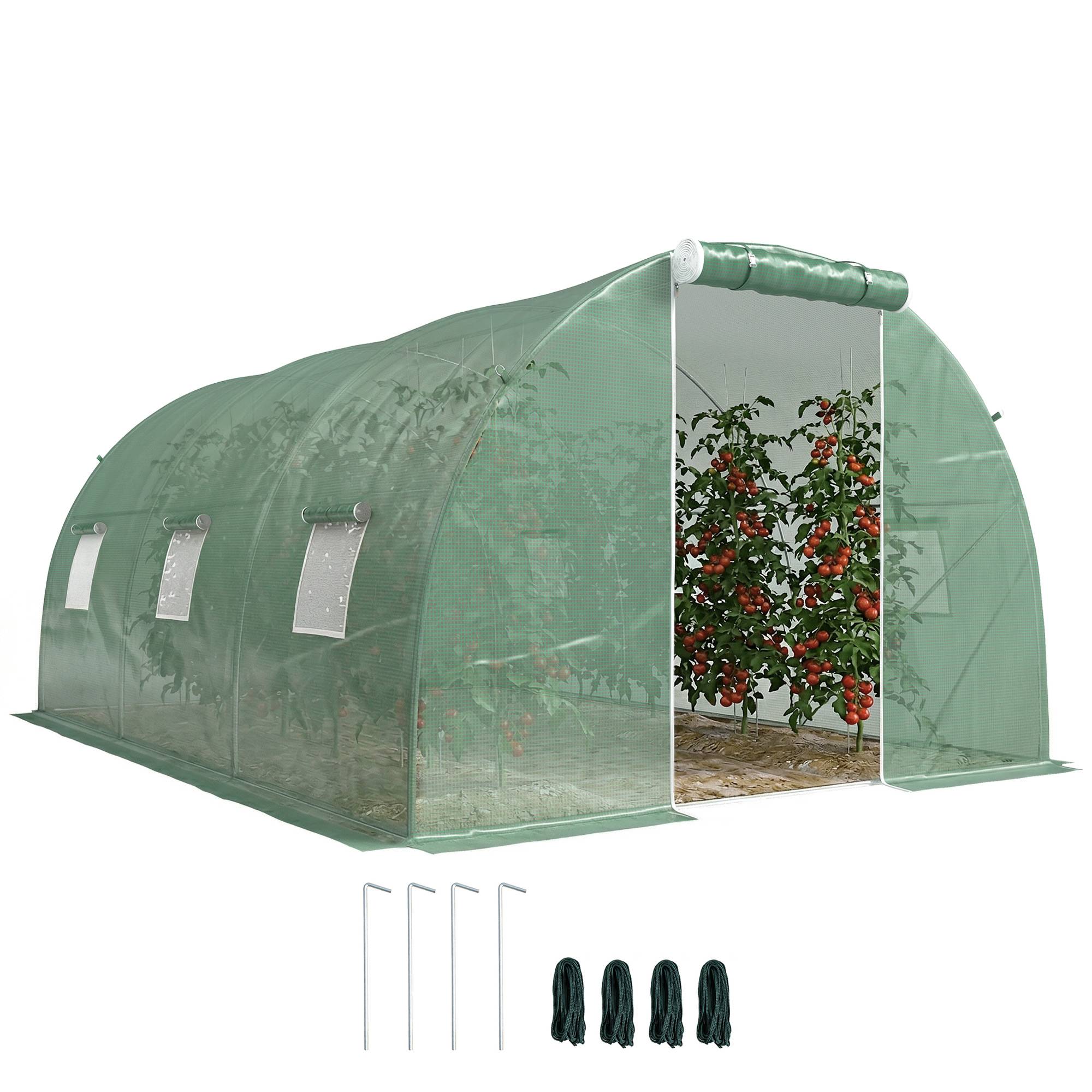 Serre de jardin tunnel 13,5 m² 6 fenêtres porte zippée enroulable châssis acier galvanisé bâche PE 4,5 x 3 x 2 m vert - Image 1
