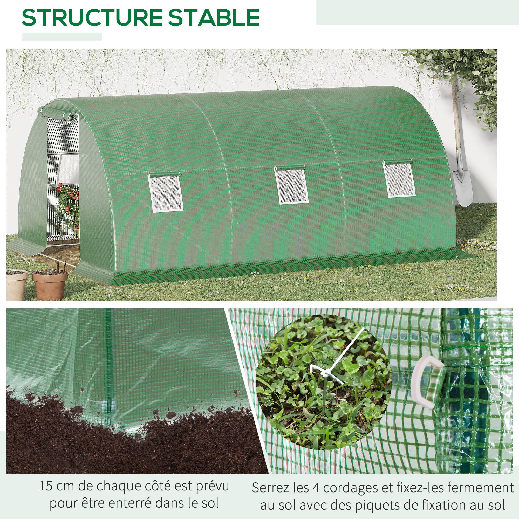 Serre de jardin tunnel 13,5 m² 6 fenêtres porte zippée enroulable châssis acier galvanisé bâche PE 4,5 x 3 x 2 m vert - Image 8