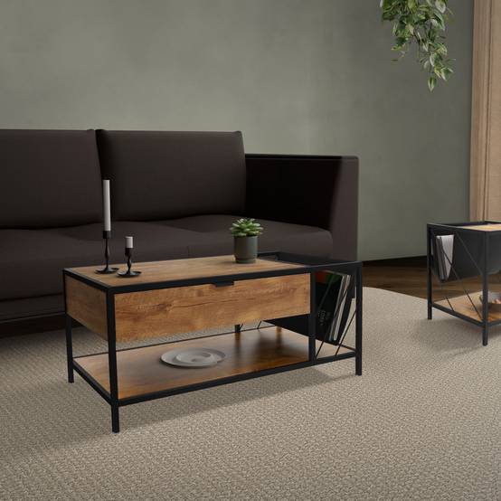 Table basse avec tiroir et porte-revues table de salon marron 100x54x45 cm - Image 9