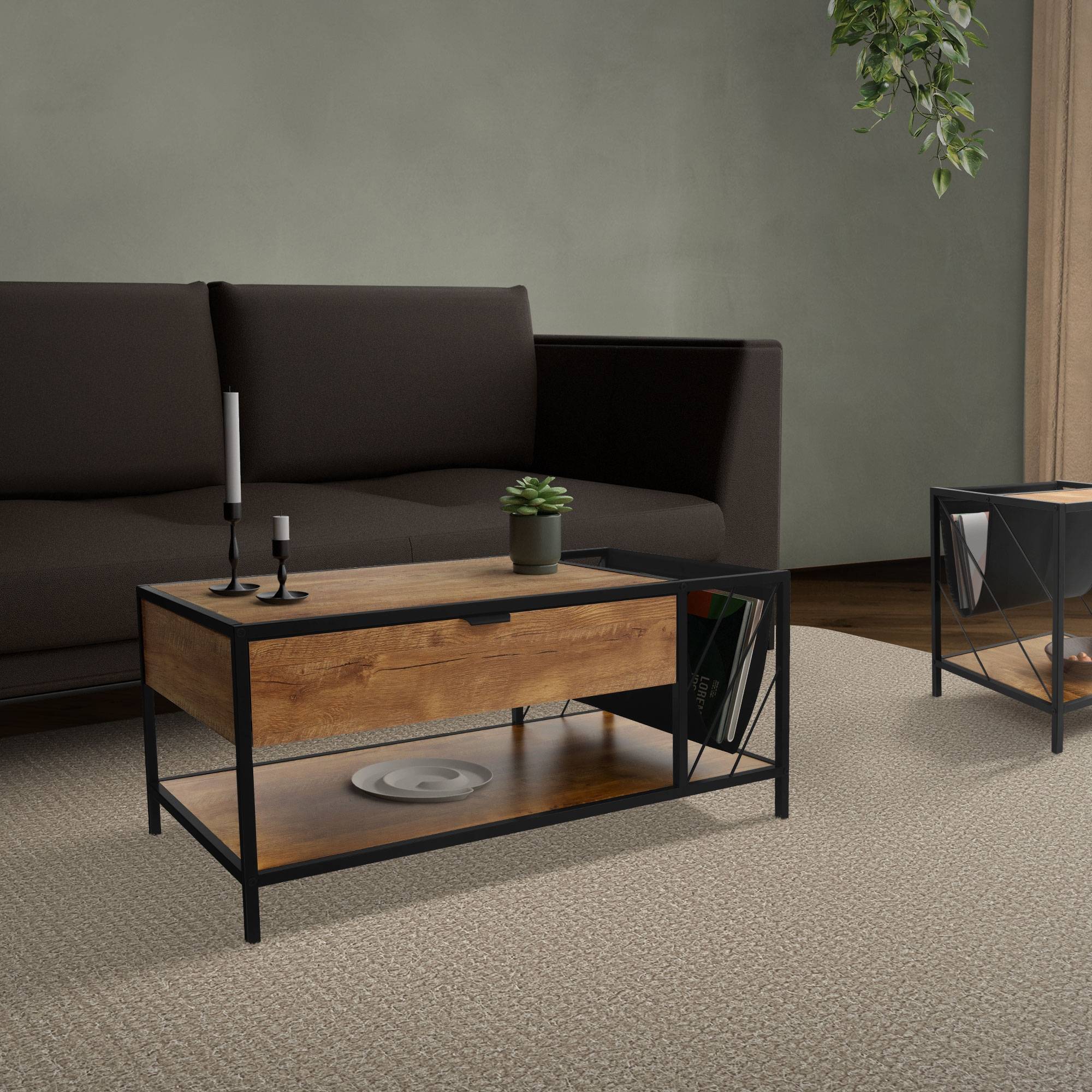 Table basse avec tiroir et porte-revues table de salon marron 100x54x45 cm - Image 9