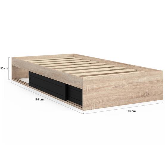 Cadre de lit simple SALEM avec rangement et sommier 90 x 190 CM façon hêtre et noir - Image 4