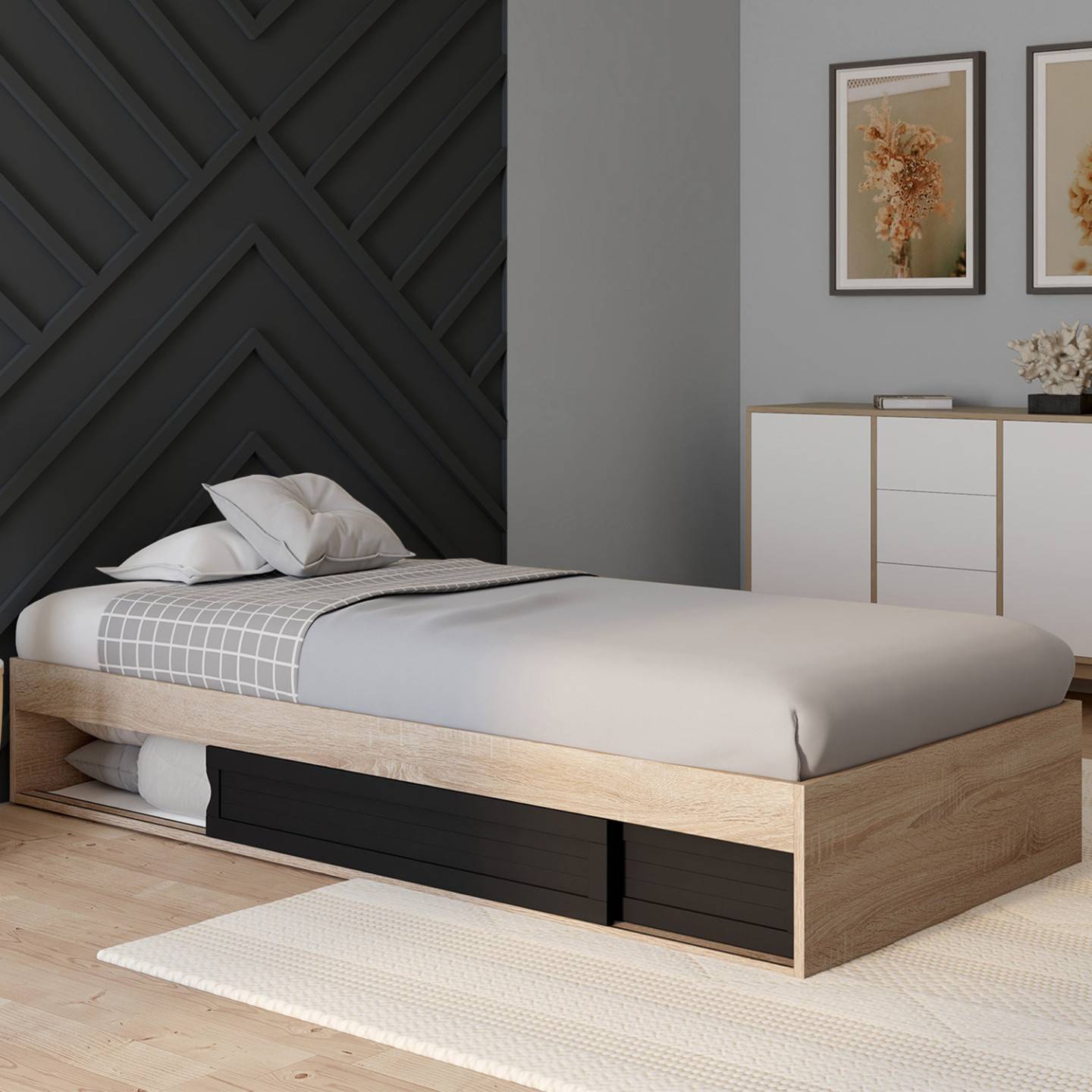Cadre de lit simple SALEM avec rangement et sommier 90 x 190 CM façon hêtre et noir - Image 1