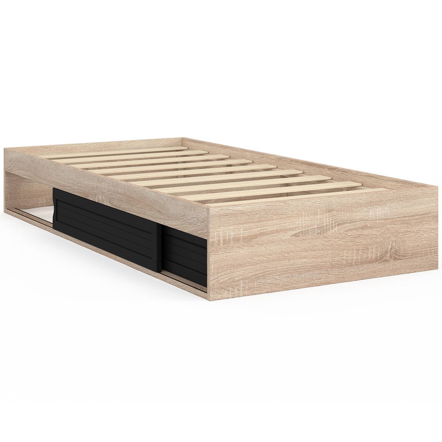 Cadre de lit simple SALEM avec rangement et sommier 90 x 190 CM façon hêtre et noir - Image 3