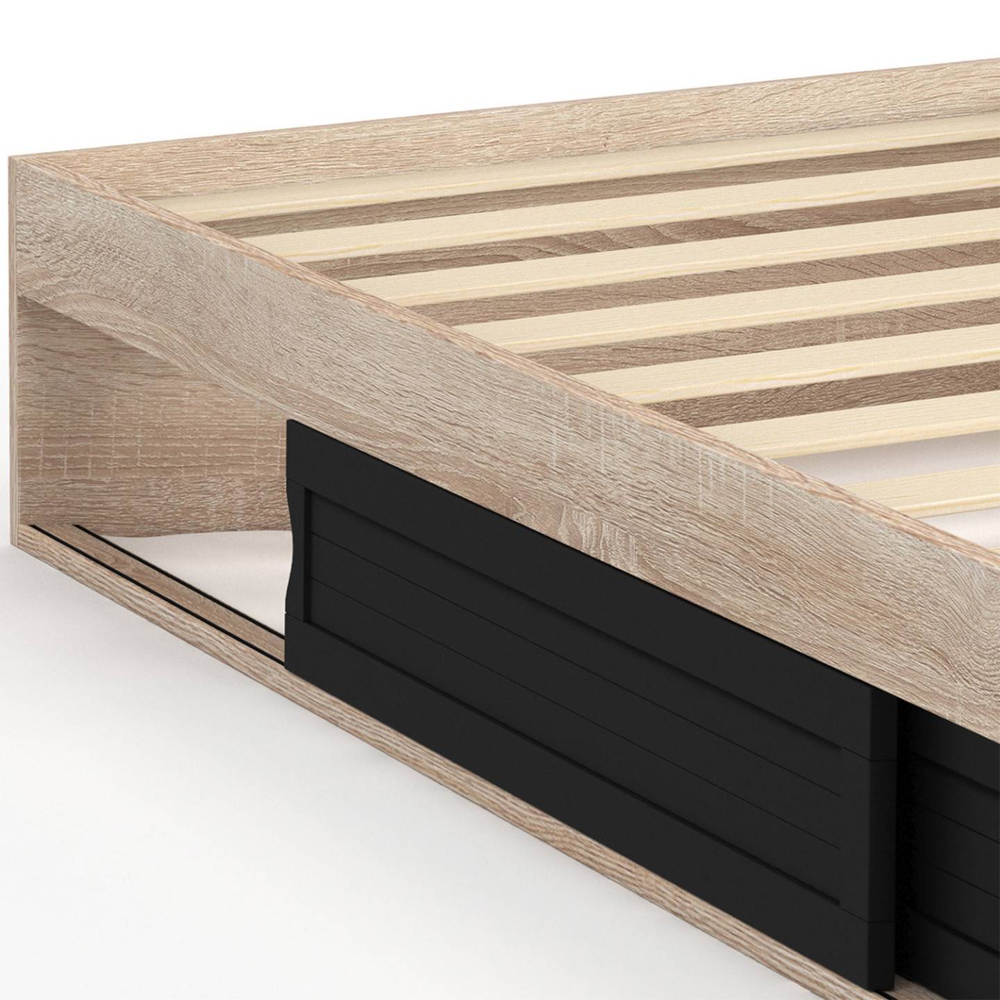 Cadre de lit simple SALEM avec rangement et sommier 90 x 190 CM façon hêtre et noir - Image 5