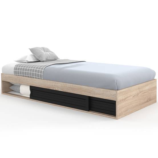 Cadre de lit simple SALEM avec rangement et sommier 90 x 190 CM façon hêtre et noir - Image 2