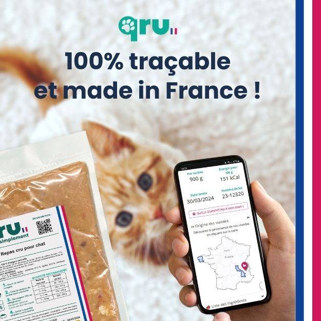 QRU - Aliment barf complet pour chat - Lapin/Bœuf - 450 g - Gamm vert