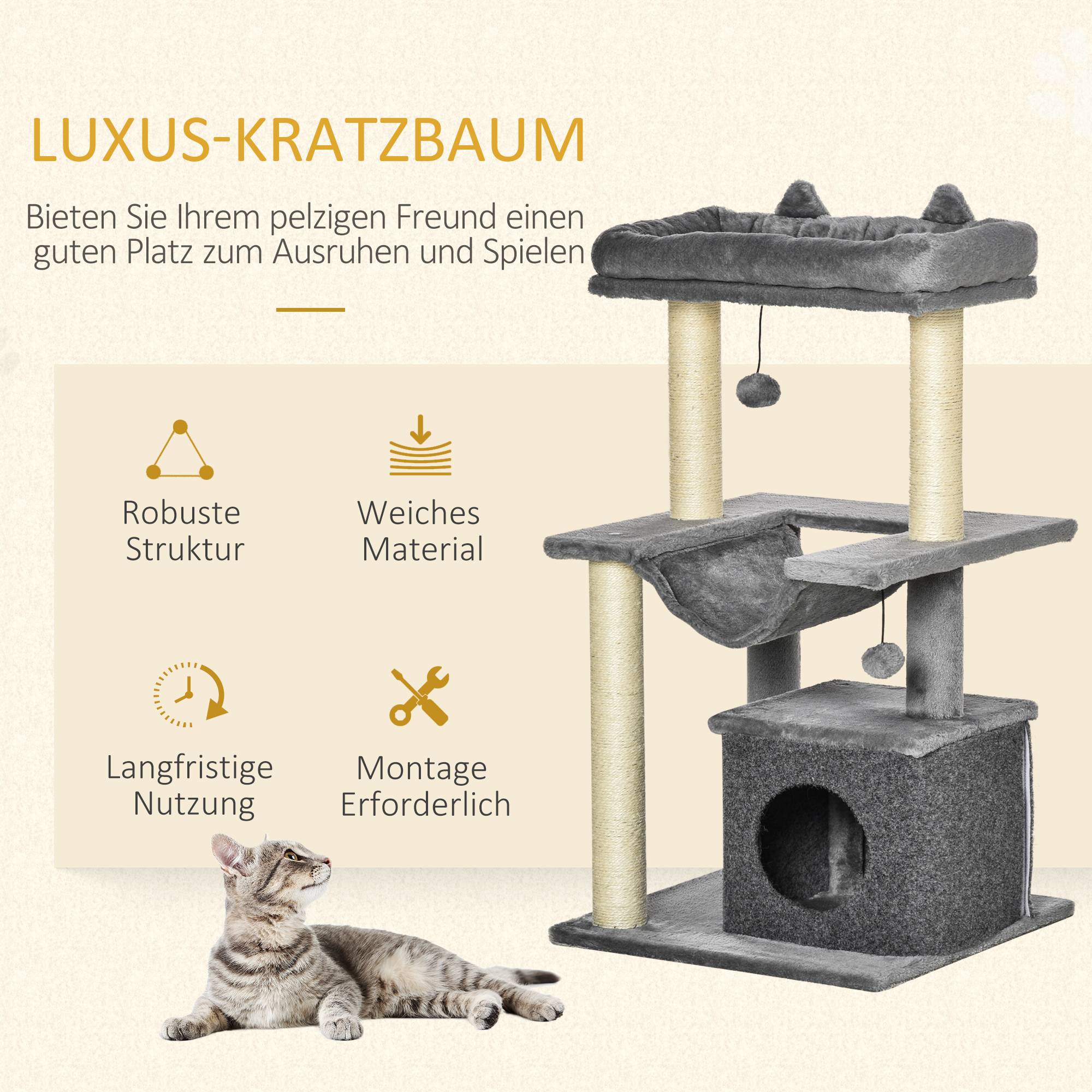 Sans Marque - Arbre à chat 90 cm hamac grotte 2 balles peluche poteaux sisal plateformes plusieurs niveaux chats -4 kg gris - Image 5