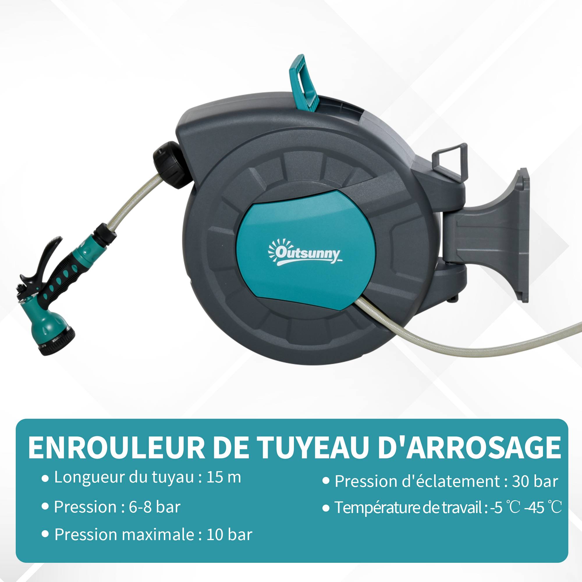 ComfortXL - Enrouleur tuyau arrosage automatique plastique turquoise 15 + 1,4 m mural pivotant 180° - ComfortXL Outdoor Living - Image 5