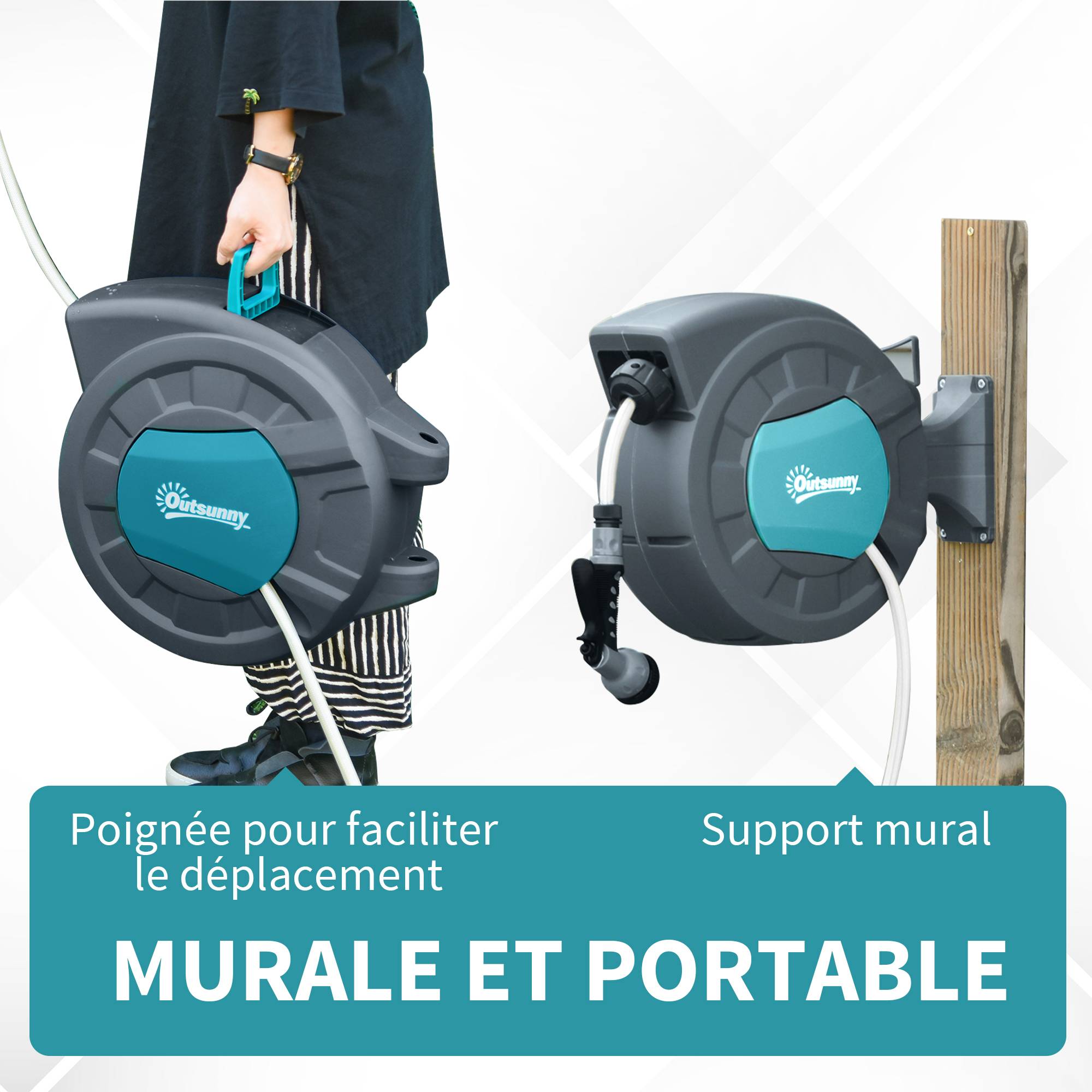 ComfortXL - Enrouleur tuyau arrosage automatique plastique turquoise 15 + 1,4 m mural pivotant 180° - ComfortXL Outdoor Living - Image 6