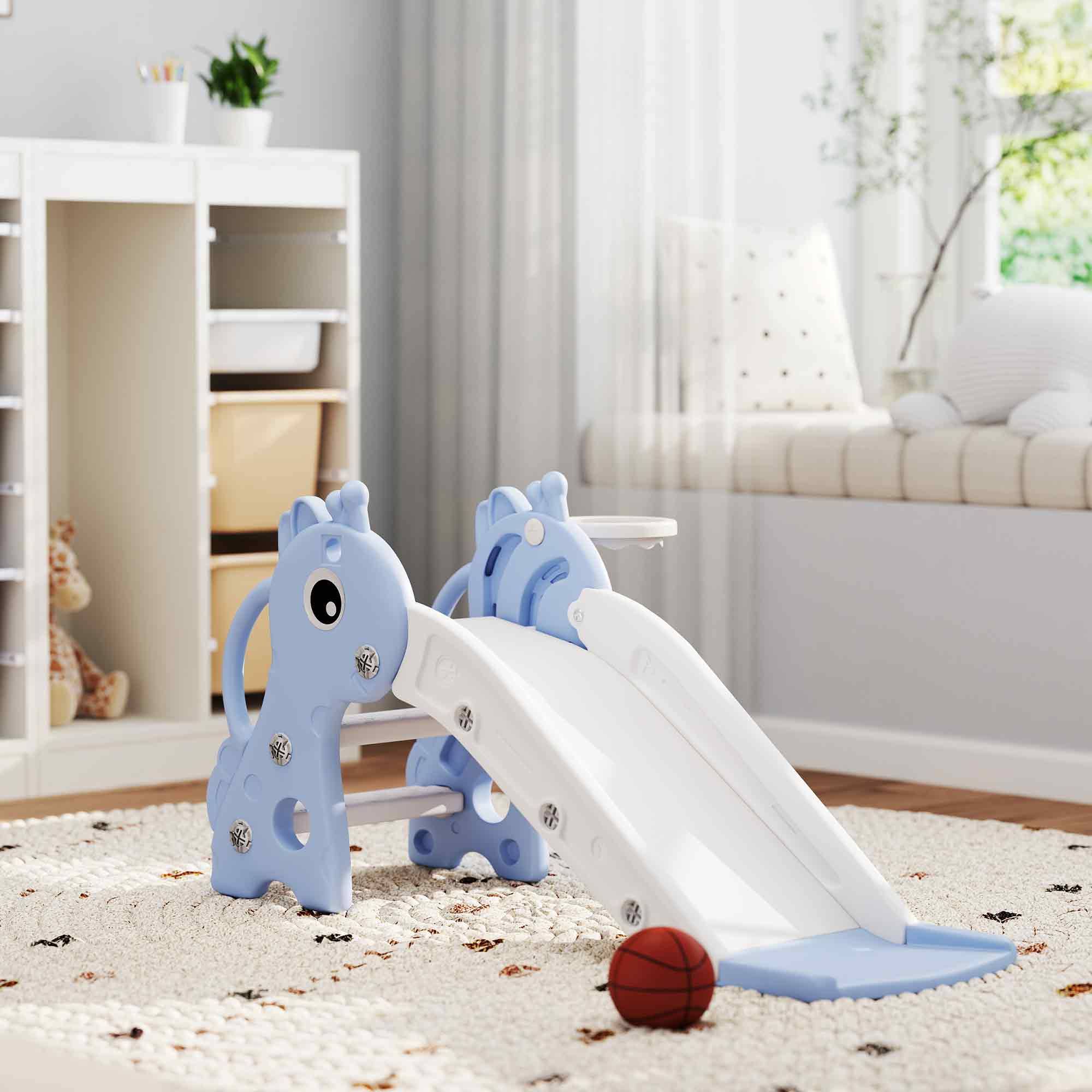 Toboggan pour enfants 3 en 1 en forme de girafe avec panier de basket, escalade et ballon, 106 x 51,5 x 52 cm, bleu - Image 4