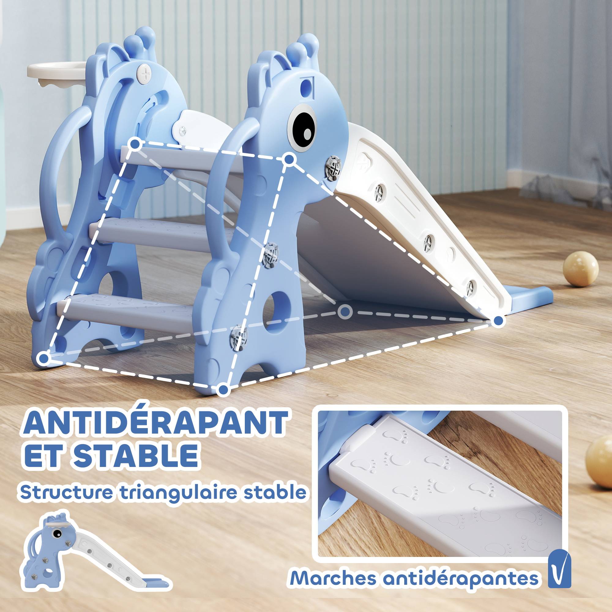 Toboggan pour enfants 3 en 1 en forme de girafe avec panier de basket, escalade et ballon, 106 x 51,5 x 52 cm, bleu - Image 9