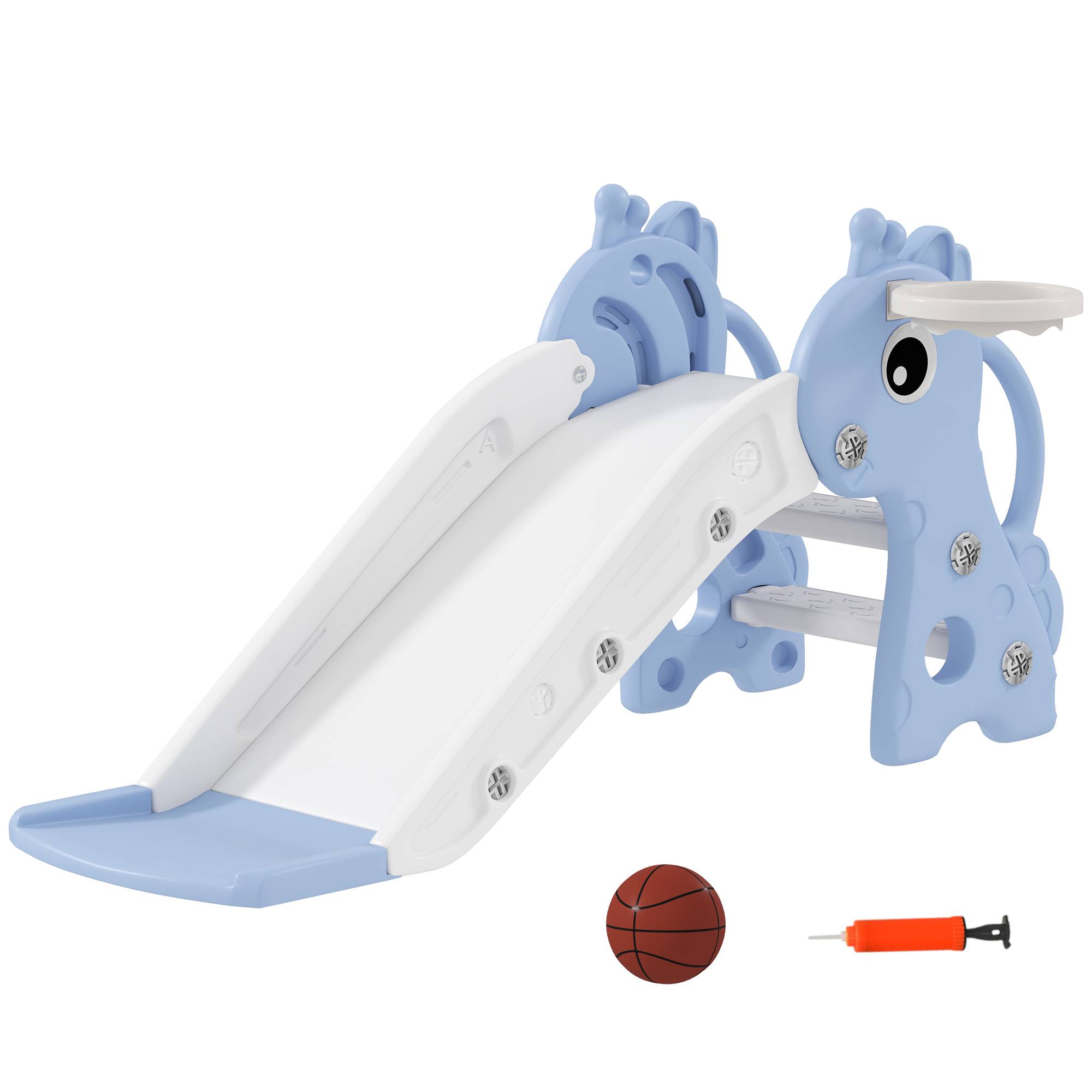 Toboggan pour enfants 3 en 1 en forme de girafe avec panier de basket, escalade et ballon, 106 x 51,5 x 52 cm, bleu - Image 1