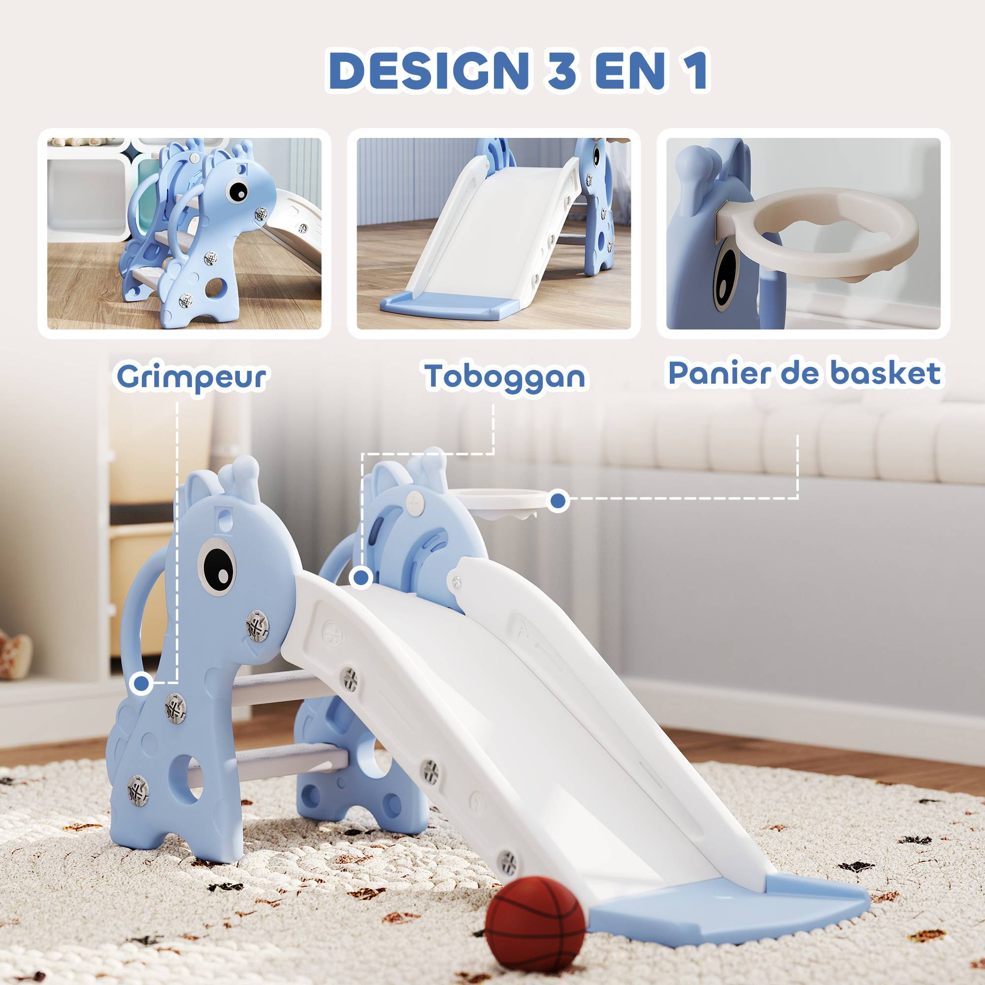 Toboggan pour enfants 3 en 1 en forme de girafe avec panier de basket, escalade et ballon, 106 x 51,5 x 52 cm, bleu - Image 6