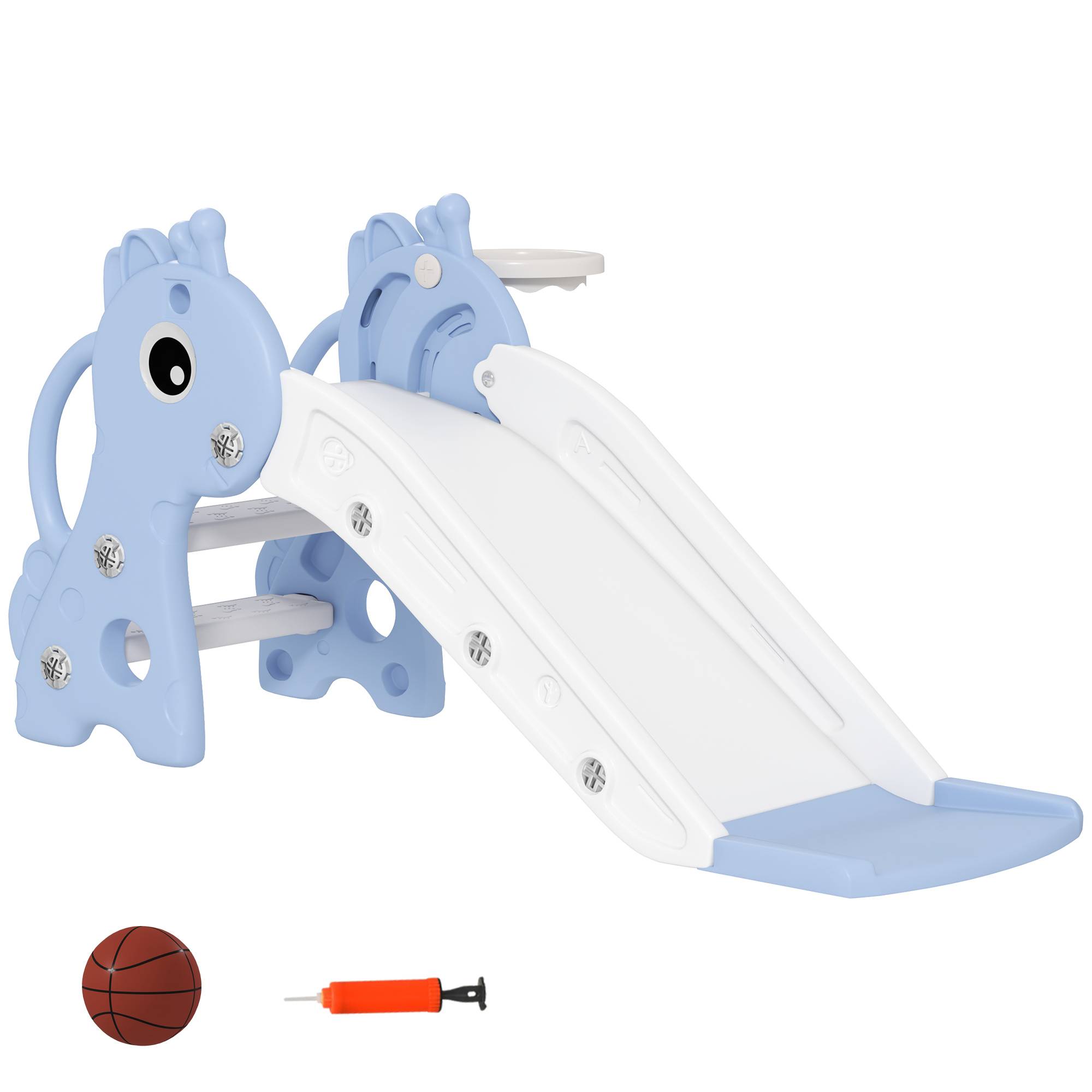 Toboggan pour enfants 3 en 1 en forme de girafe avec panier de basket, escalade et ballon, 106 x 51,5 x 52 cm, bleu - Image 2