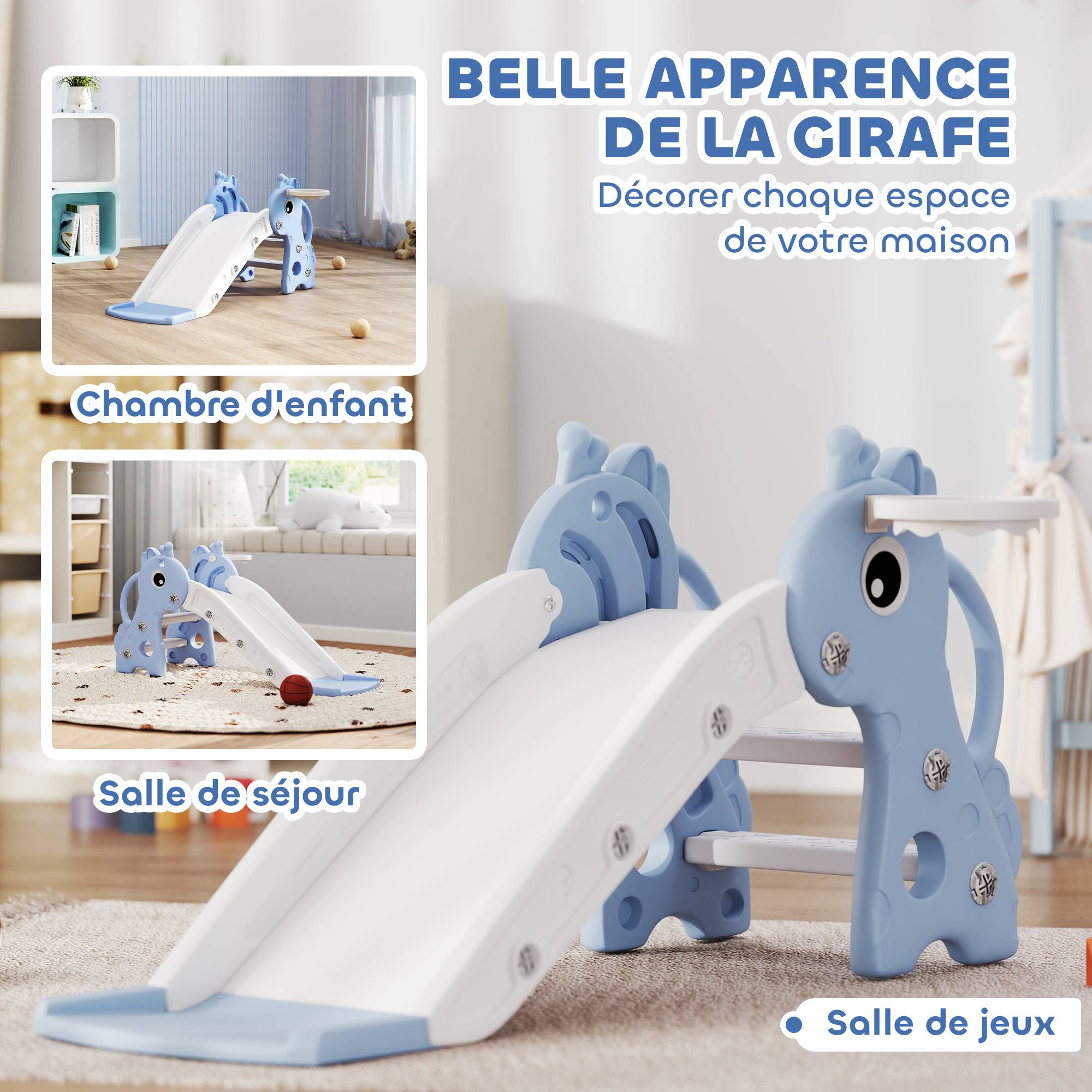 Toboggan pour enfants 3 en 1 en forme de girafe avec panier de basket, escalade et ballon, 106 x 51,5 x 52 cm, bleu - Image 7