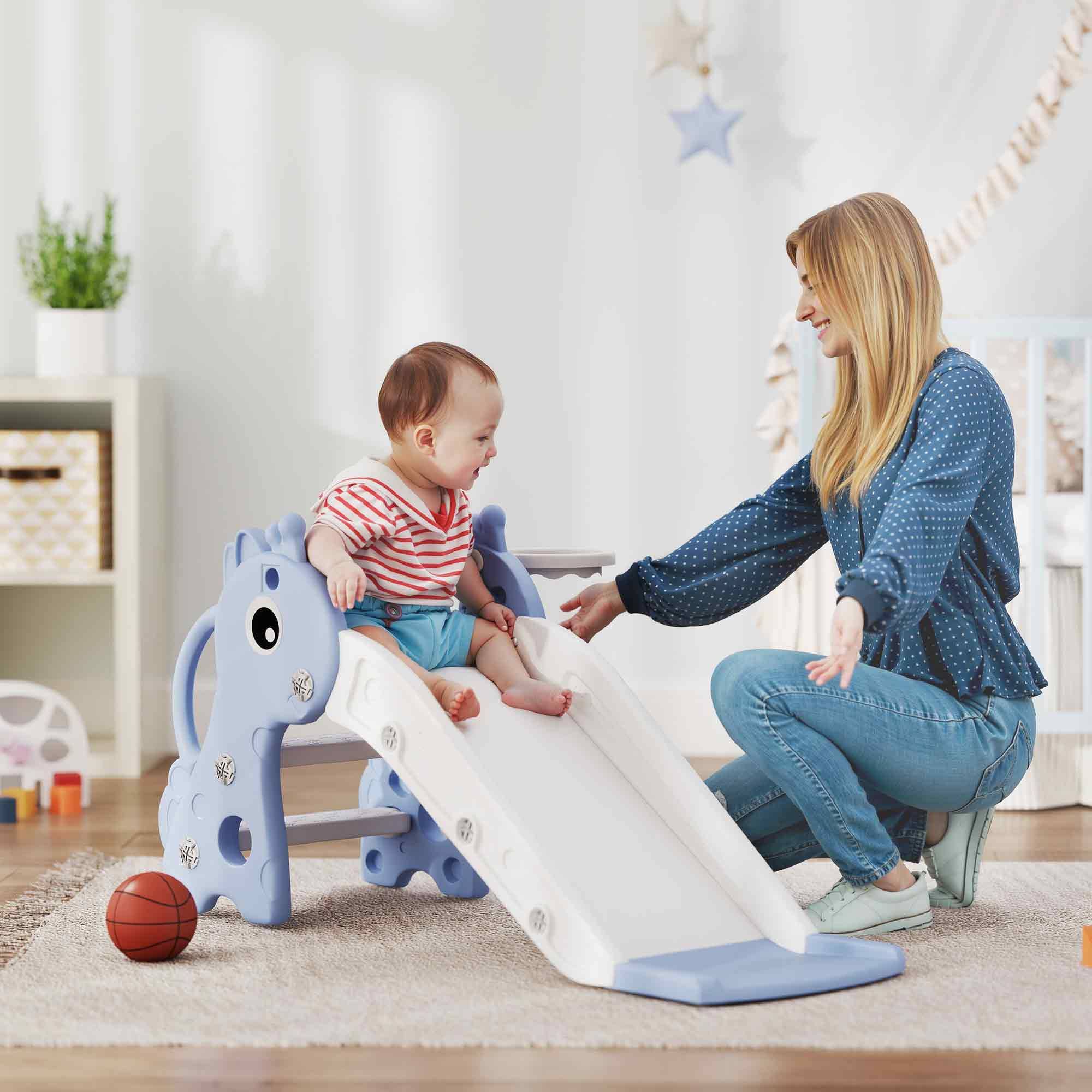 Toboggan pour enfants 3 en 1 en forme de girafe avec panier de basket, escalade et ballon, 106 x 51,5 x 52 cm, bleu - Image 3