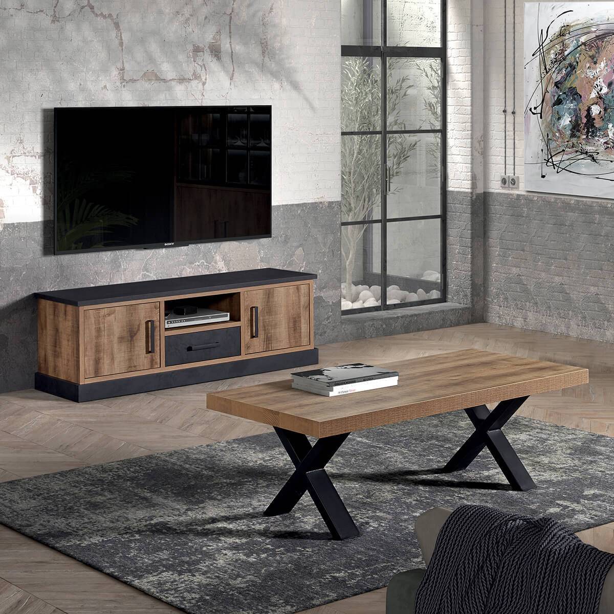 Ensemble Table Basse + Meuble TV Aspect Bois et Métal - JENNA - Image 2