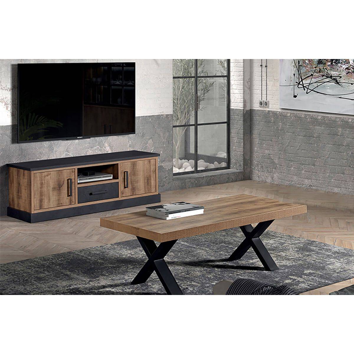 Ensemble Table Basse + Meuble TV Aspect Bois et Métal - JENNA - Image 1