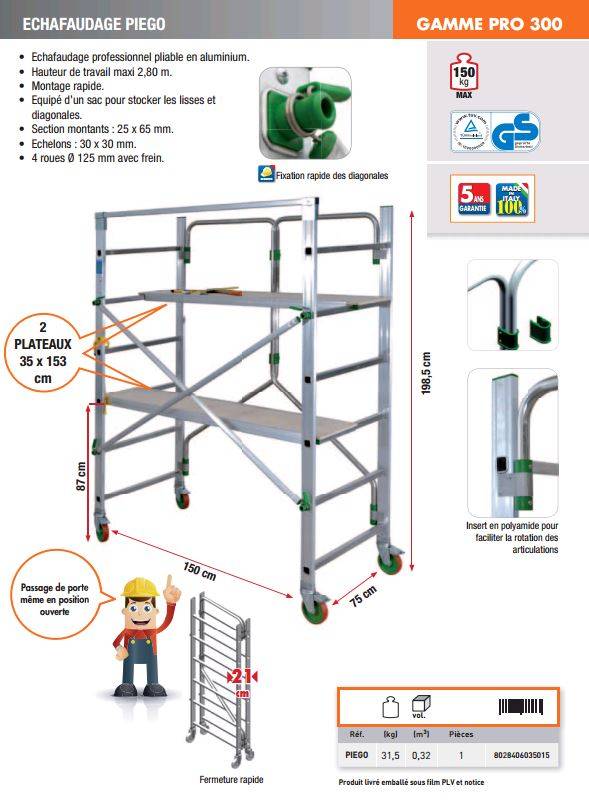 Échafaudage complet alu hauteur de travail 2.80m - FACAL - avec 2 tables + sacoche - PIEGO - Image 2