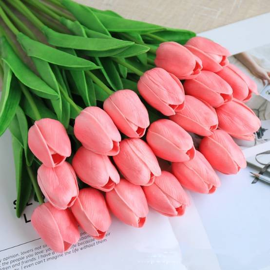 Bouquet de 10 Tulipes Artificielles Rose - Matière PU Souple et Réaliste - Décoration Élégante - Lytech - Image 1