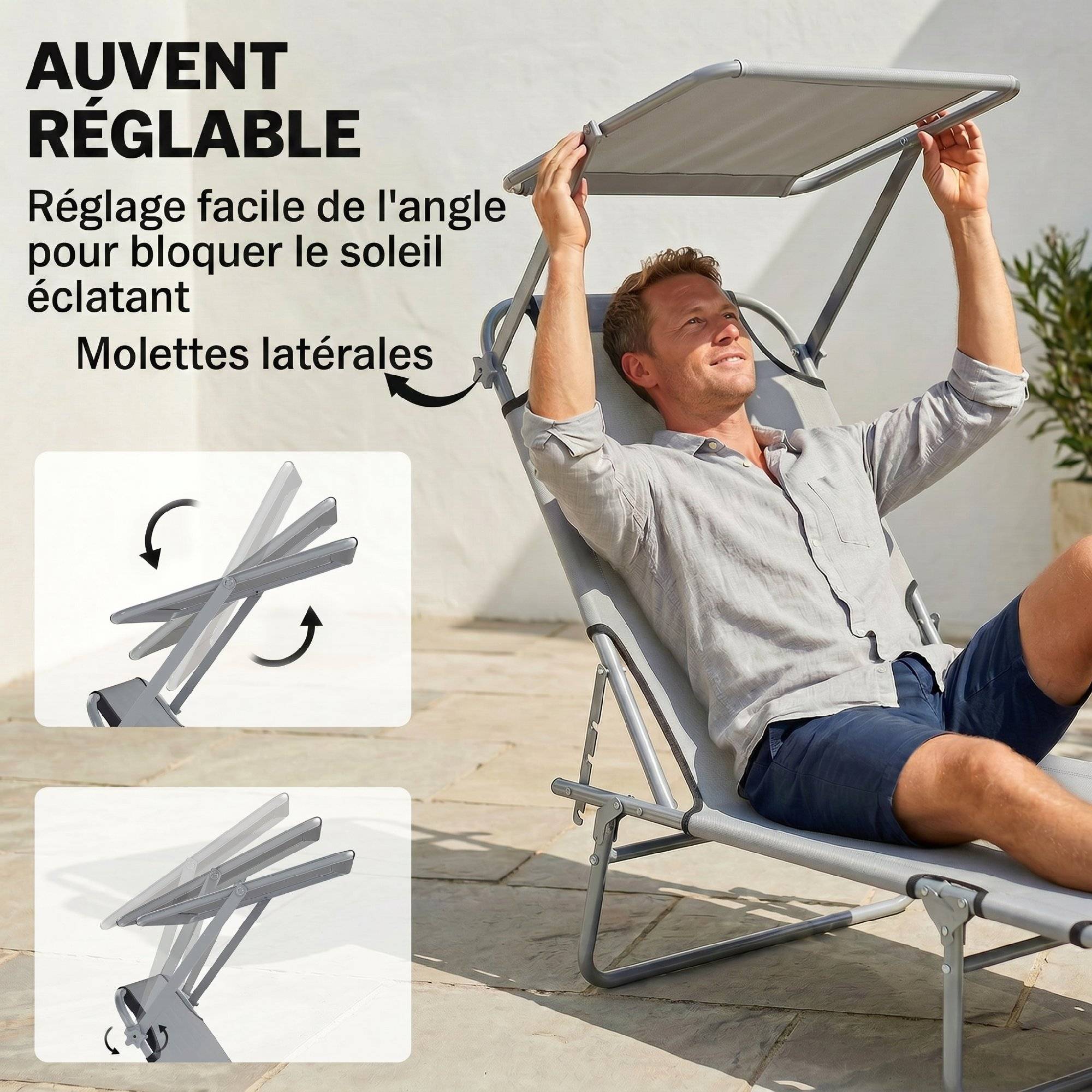 Transat bain de soleil pliable chaise longue pliante inclinable - 187x58x36cm Métal Gris clair fr571 - Image 6