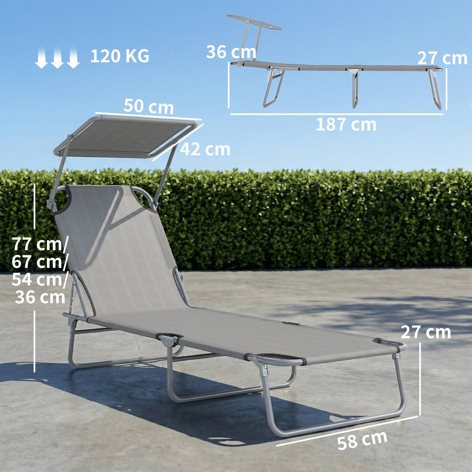 Transat bain de soleil pliable chaise longue pliante inclinable - 187x58x36cm Métal Gris clair fr571 - Image 5