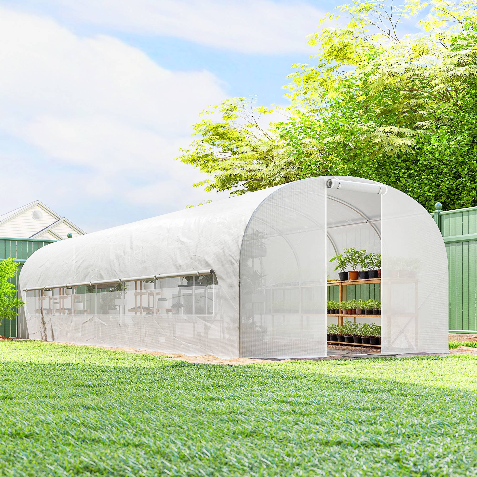 Maison Chic - Serre tunnel de jardin 24m², serre de jardin tunnel avec cadre en acier galvanisé, portes et 2 grandes fenêtres, blanc - Image 4