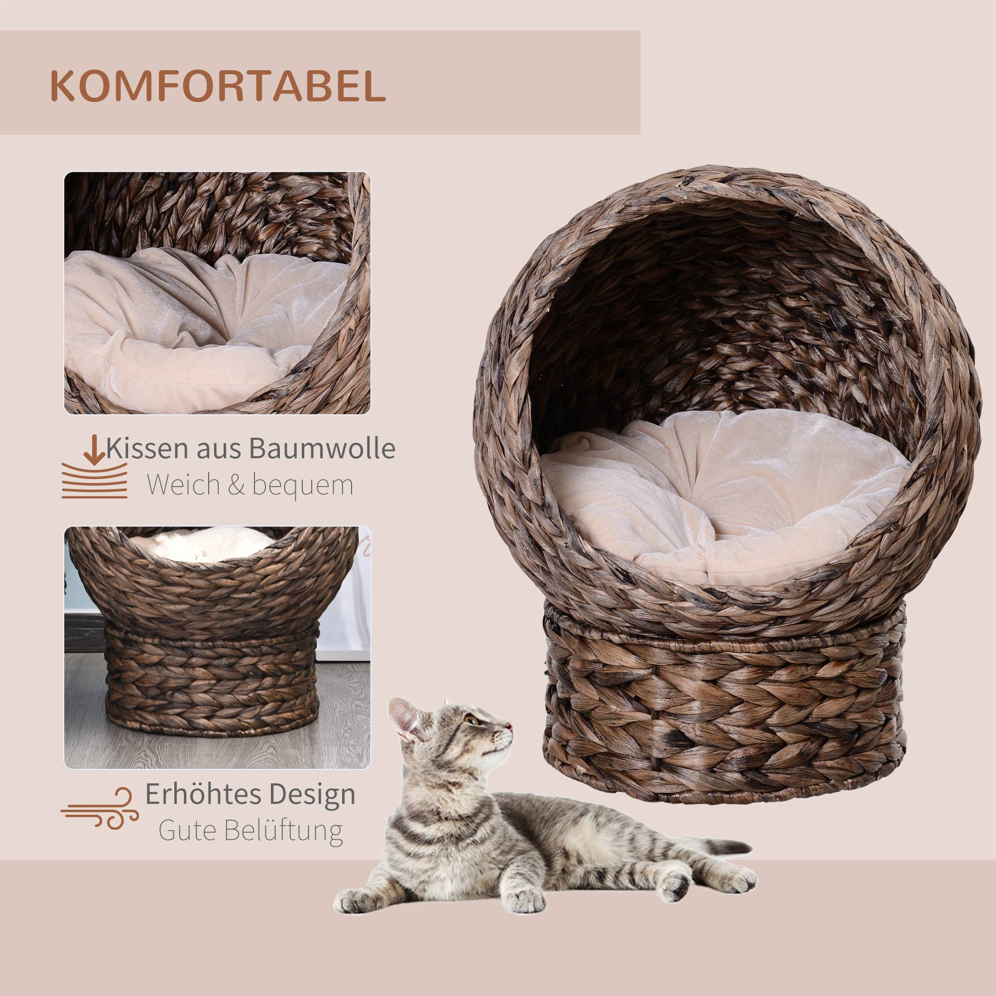 Panier chat jacinthe d'eau coussin lit animal 50x42x60 cm brun+beige - Image 6
