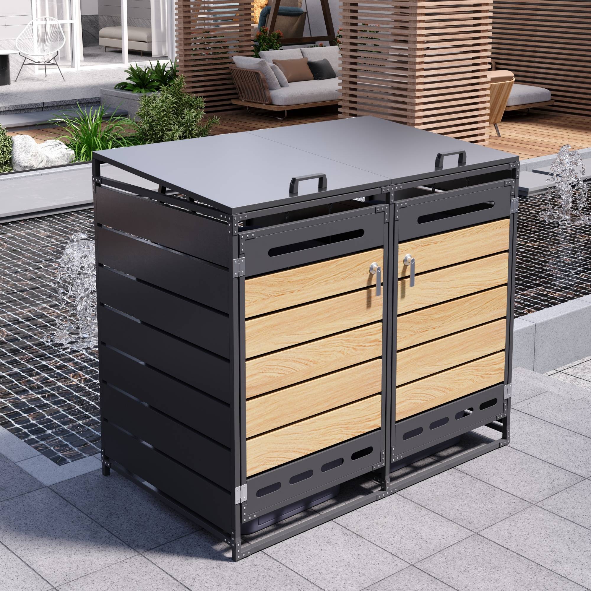 ComfortXL - Cache-poubelle double acier imitation bois extérieur couvercle hydraulique noir 131cm - ComfortXL Outdoor Living - Image 1