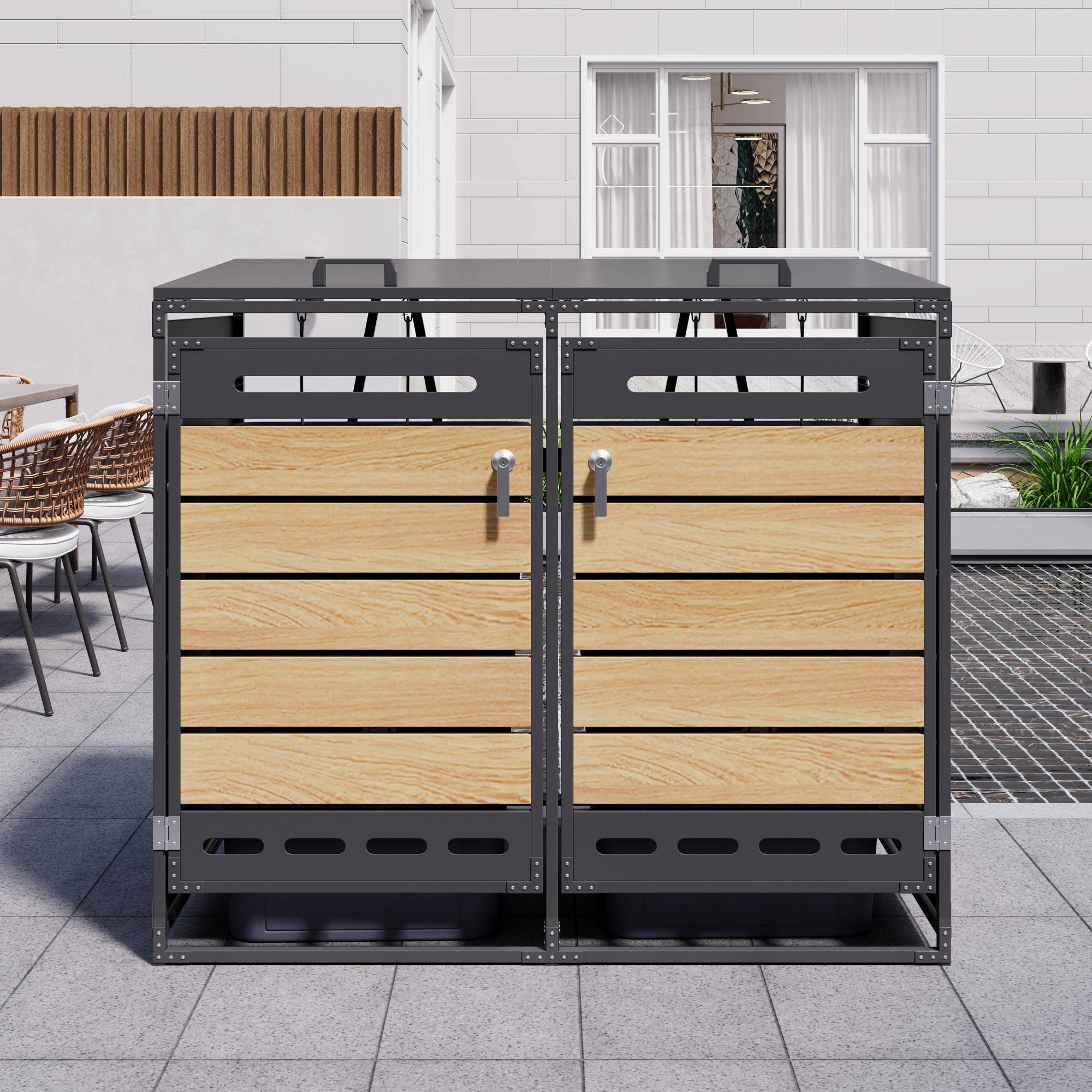 ComfortXL - Cache-poubelle double acier imitation bois extérieur couvercle hydraulique noir 131cm - ComfortXL Outdoor Living - Image 9