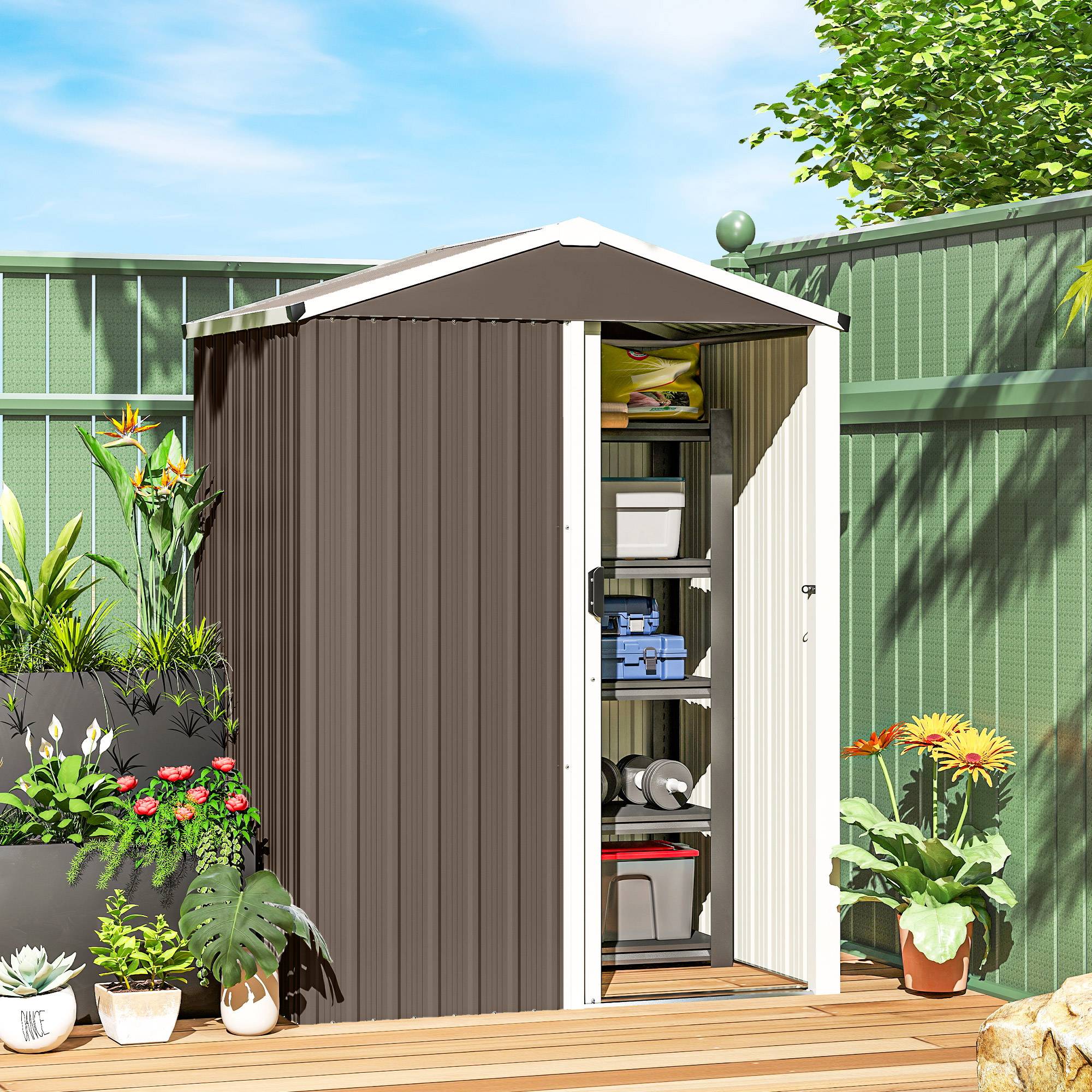Abri de jardin acier 1,1 m² avec porte coulissante verrouillable 136x87x179 cm rangement outils marron - Image 4