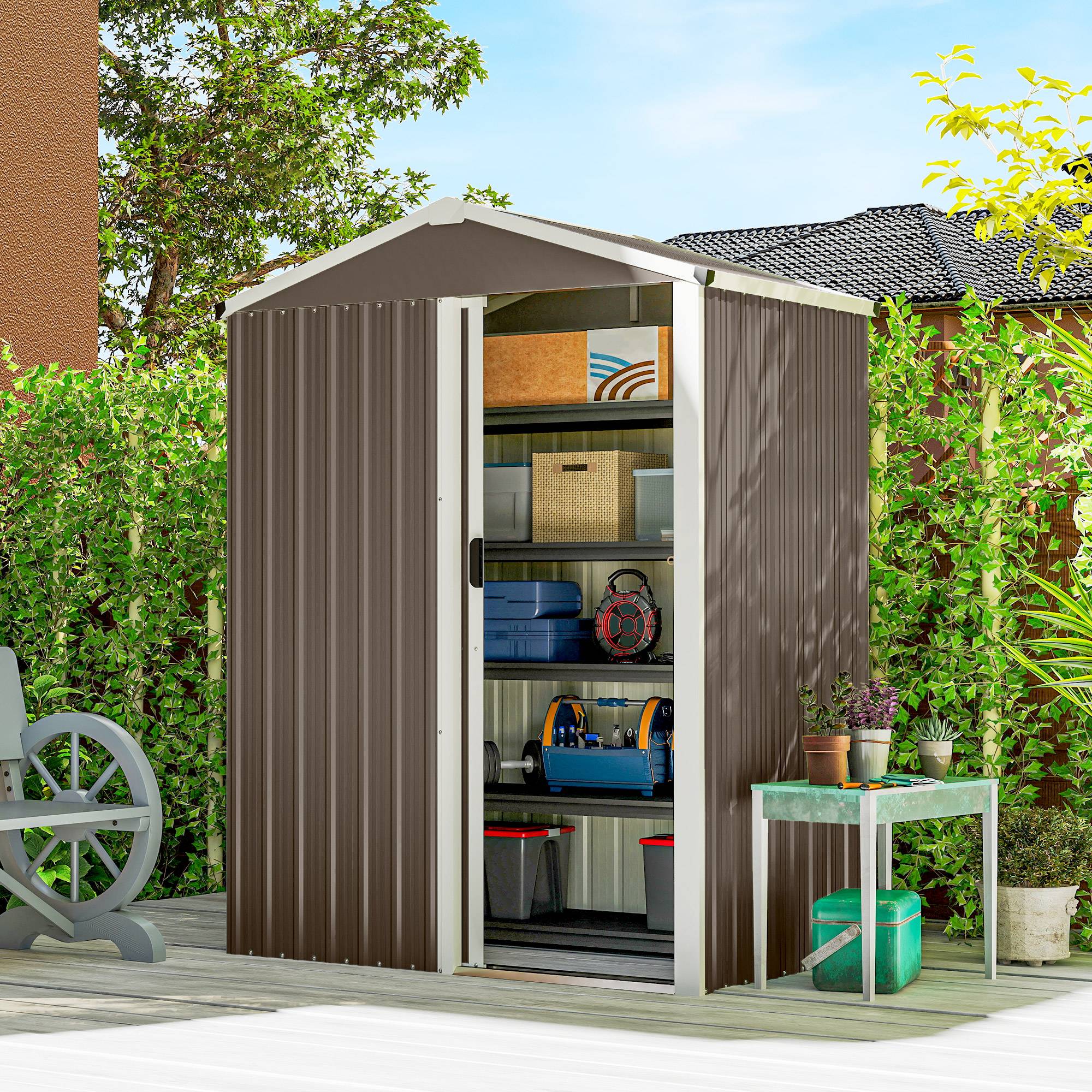 Abri de jardin acier 1,1 m² avec porte coulissante verrouillable 136x87x179 cm rangement outils marron - Image 3