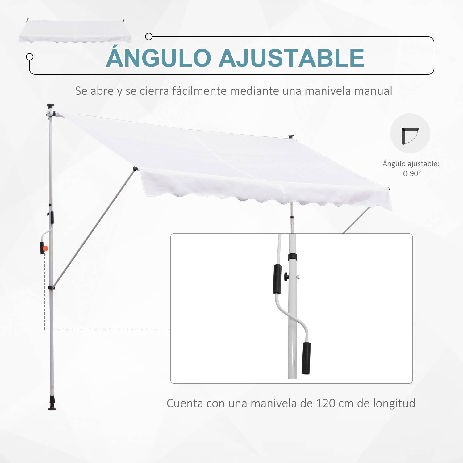 Store banne rétractable manuelle 300 x 150 x 170-280 cm avec hauteur réglable, manivelle et protection solaire pour terrasse, blanc - Image 6