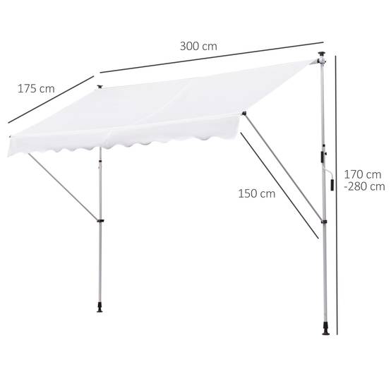 Store banne rétractable manuelle 300 x 150 x 170-280 cm avec hauteur réglable, manivelle et protection solaire pour terrasse, blanc - Image 5