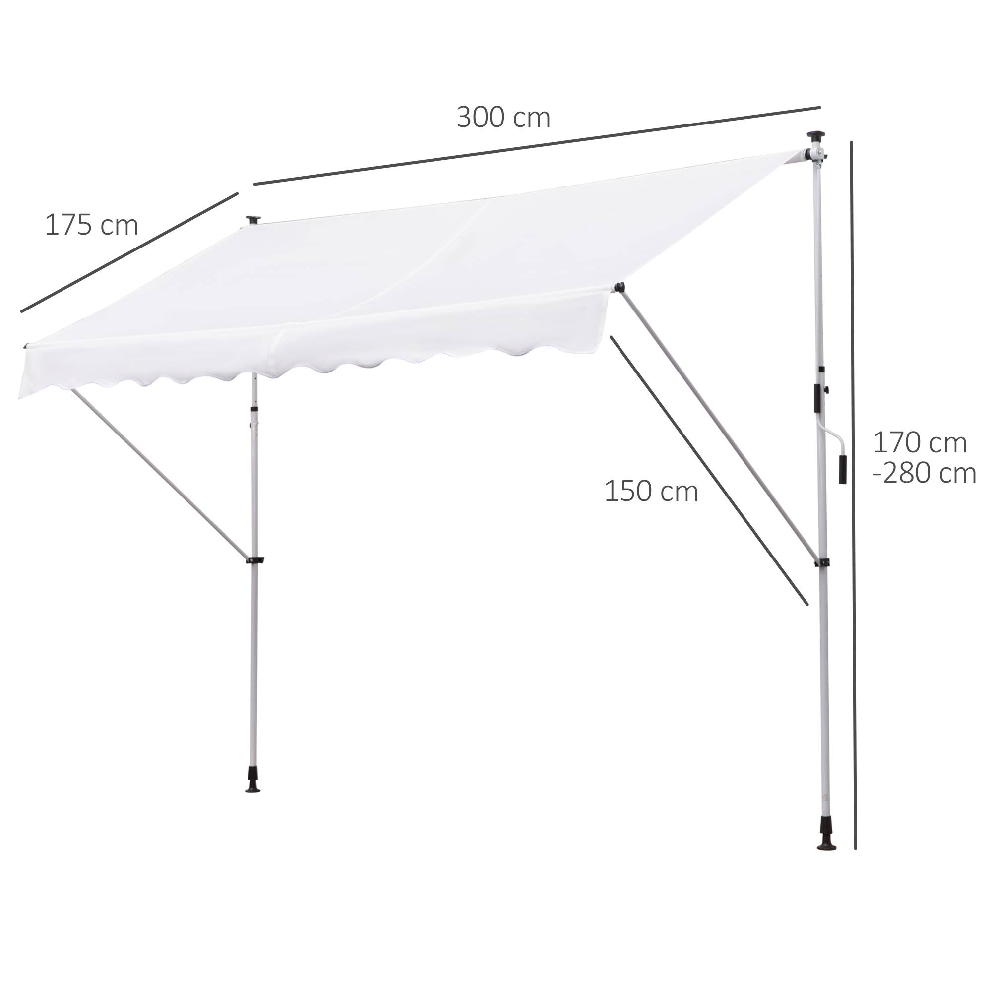 Store banne rétractable manuelle 300 x 150 x 170-280 cm avec hauteur réglable, manivelle et protection solaire pour terrasse, blanc - Image 5
