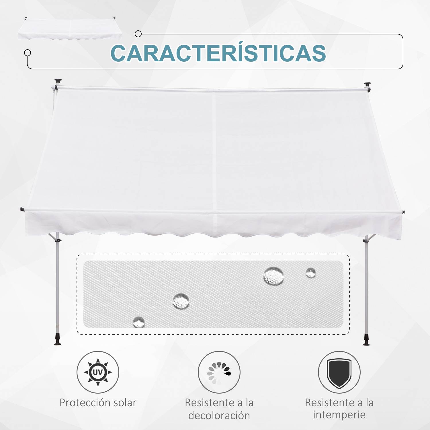 Store banne rétractable manuelle 300 x 150 x 170-280 cm avec hauteur réglable, manivelle et protection solaire pour terrasse, blanc - Image 8