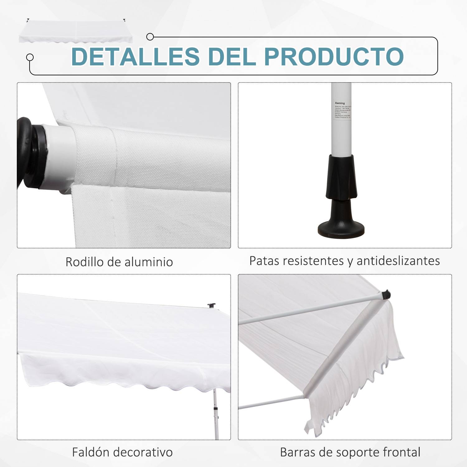 Store banne rétractable manuelle 300 x 150 x 170-280 cm avec hauteur réglable, manivelle et protection solaire pour terrasse, blanc - Image 9