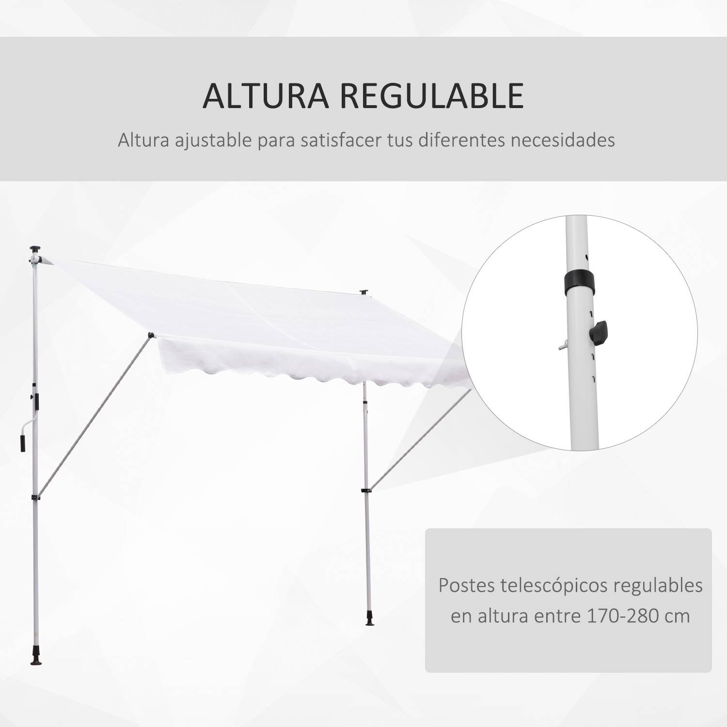 Store banne rétractable manuelle 300 x 150 x 170-280 cm avec hauteur réglable, manivelle et protection solaire pour terrasse, blanc - Image 7