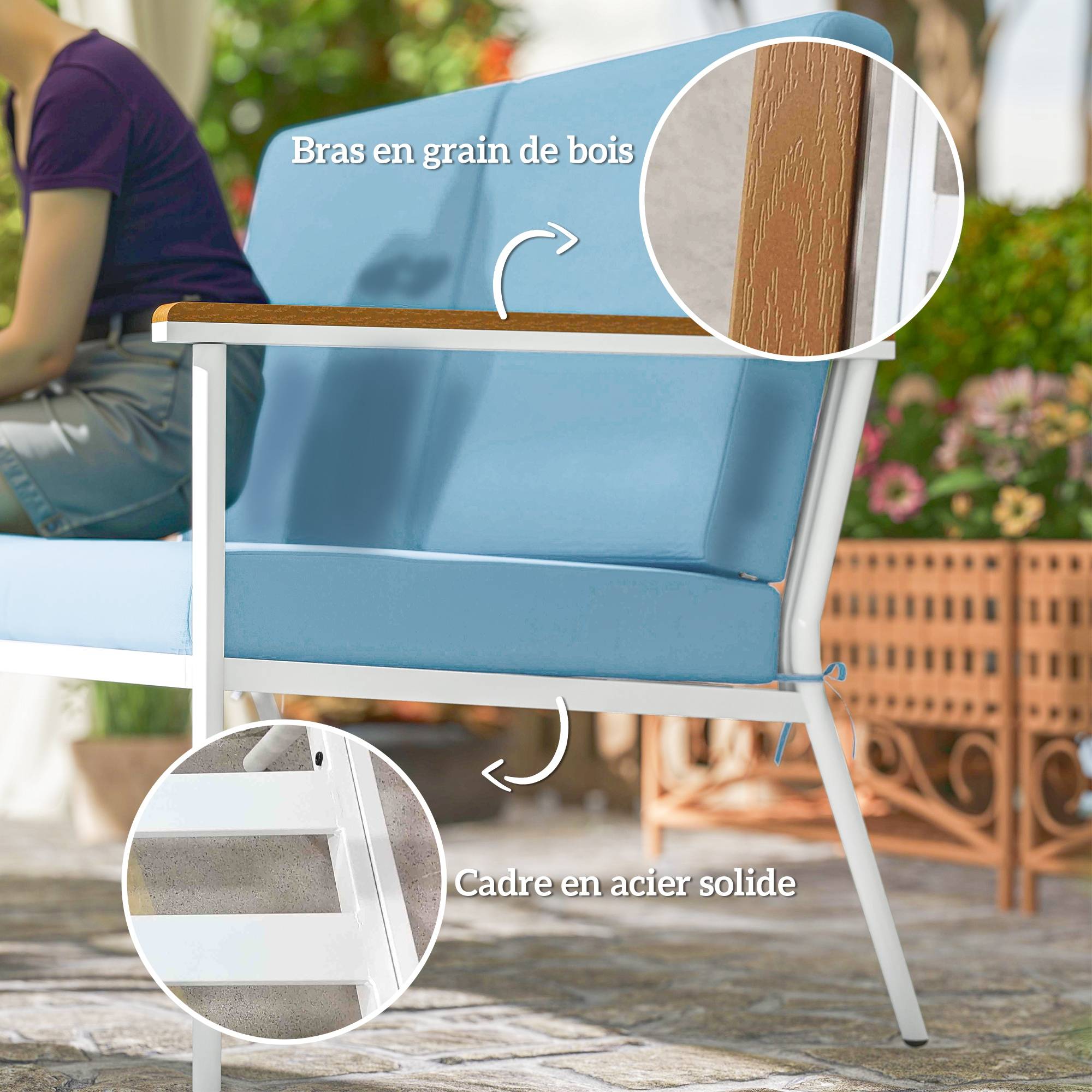 Salon de jardin extérieur 4 personnes avec canapé, 2 fauteuils et table basse en verre trempé, coussins inclus, gris - Image 9