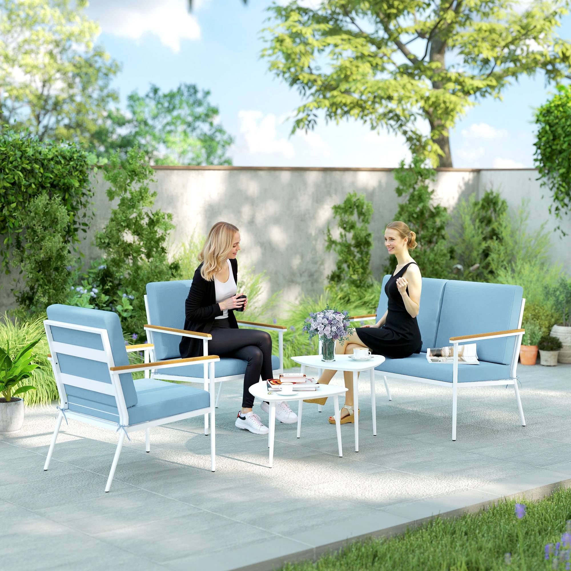 Salon de jardin extérieur 4 personnes avec canapé, 2 fauteuils et table basse en verre trempé, coussins inclus, gris - Image 3