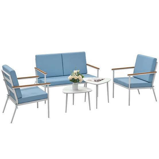 Salon de jardin extérieur 4 personnes avec canapé, 2 fauteuils et table basse en verre trempé, coussins inclus, gris - Image 1