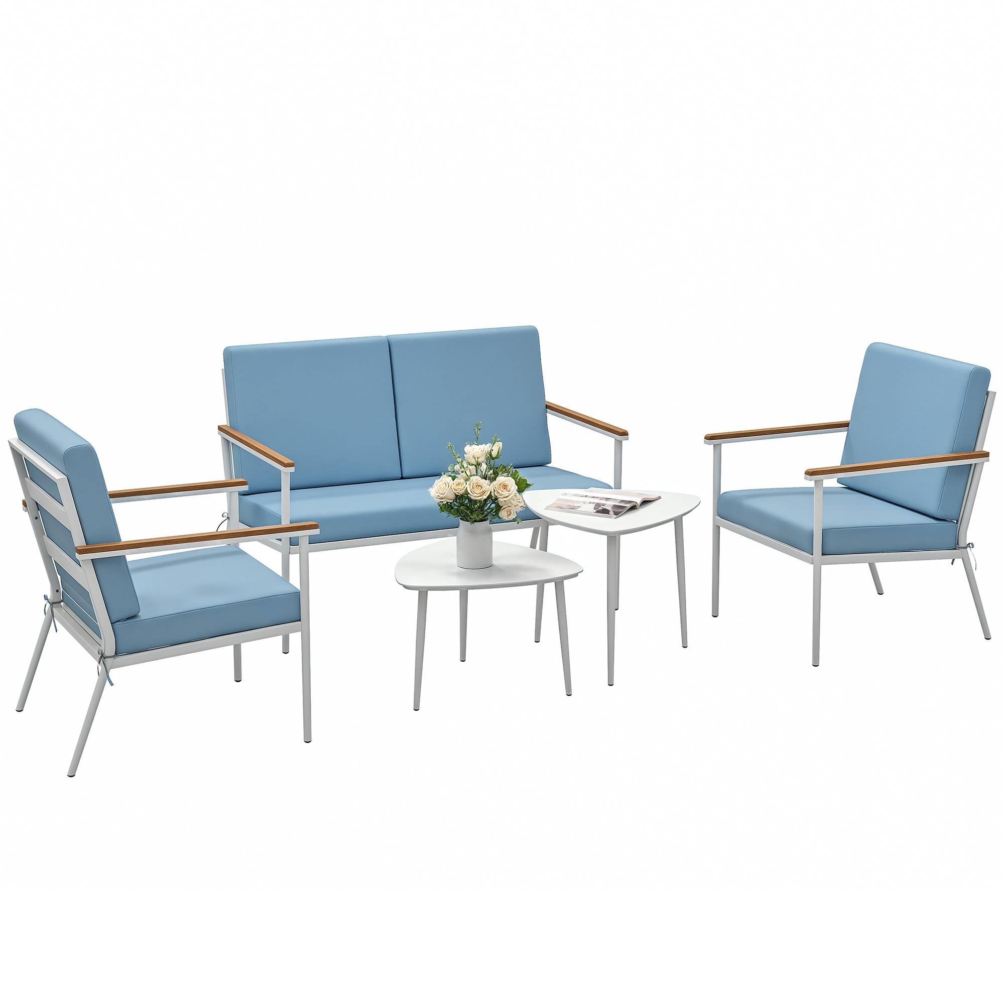 Salon de jardin extérieur 4 personnes avec canapé, 2 fauteuils et table basse en verre trempé, coussins inclus, gris - Image 1