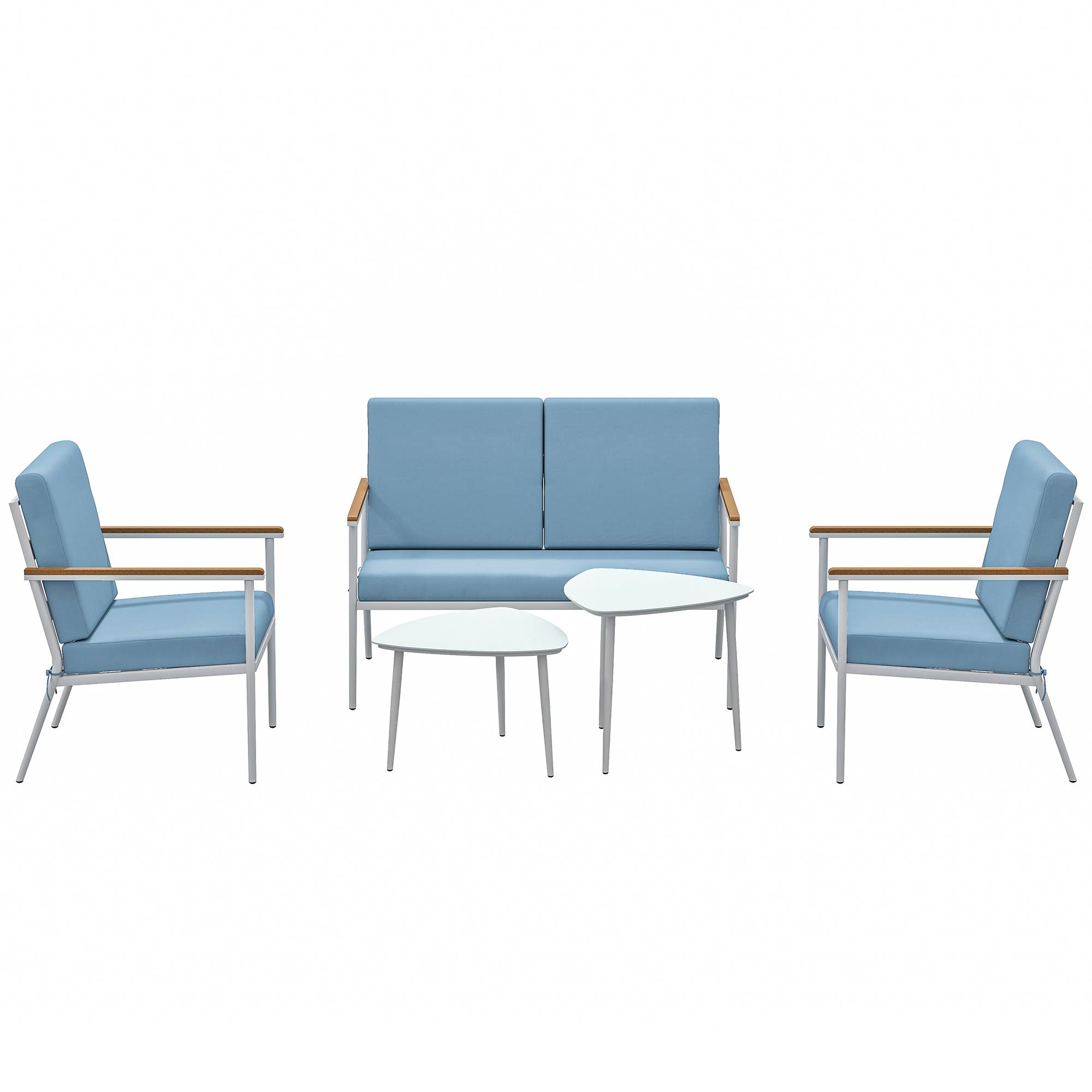 Salon de jardin extérieur 4 personnes avec canapé, 2 fauteuils et table basse en verre trempé, coussins inclus, gris - Image 2