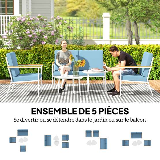 Salon de jardin extérieur 4 personnes avec canapé, 2 fauteuils et table basse en verre trempé, coussins inclus, gris - Image 6
