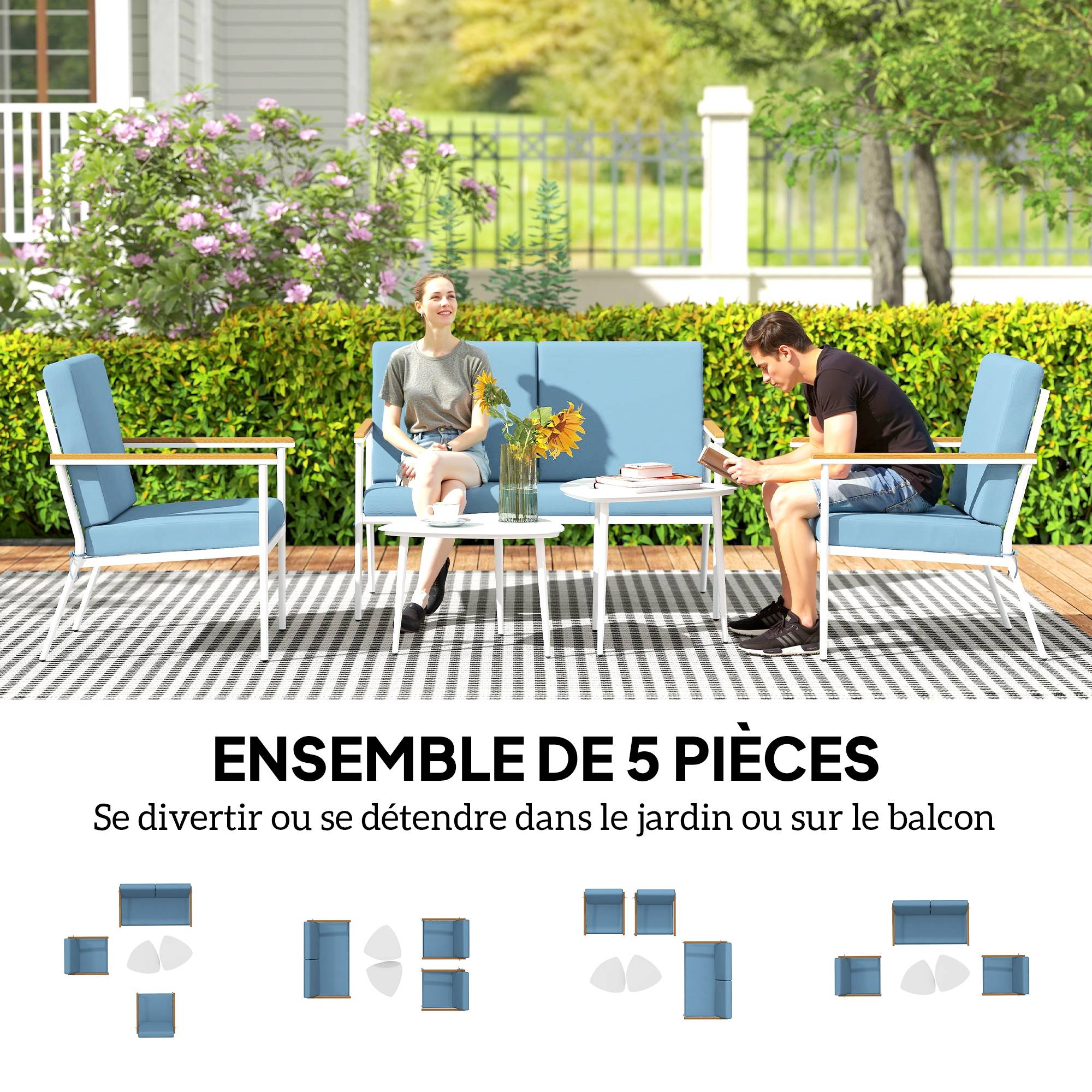 Salon de jardin extérieur 4 personnes avec canapé, 2 fauteuils et table basse en verre trempé, coussins inclus, gris - Image 6
