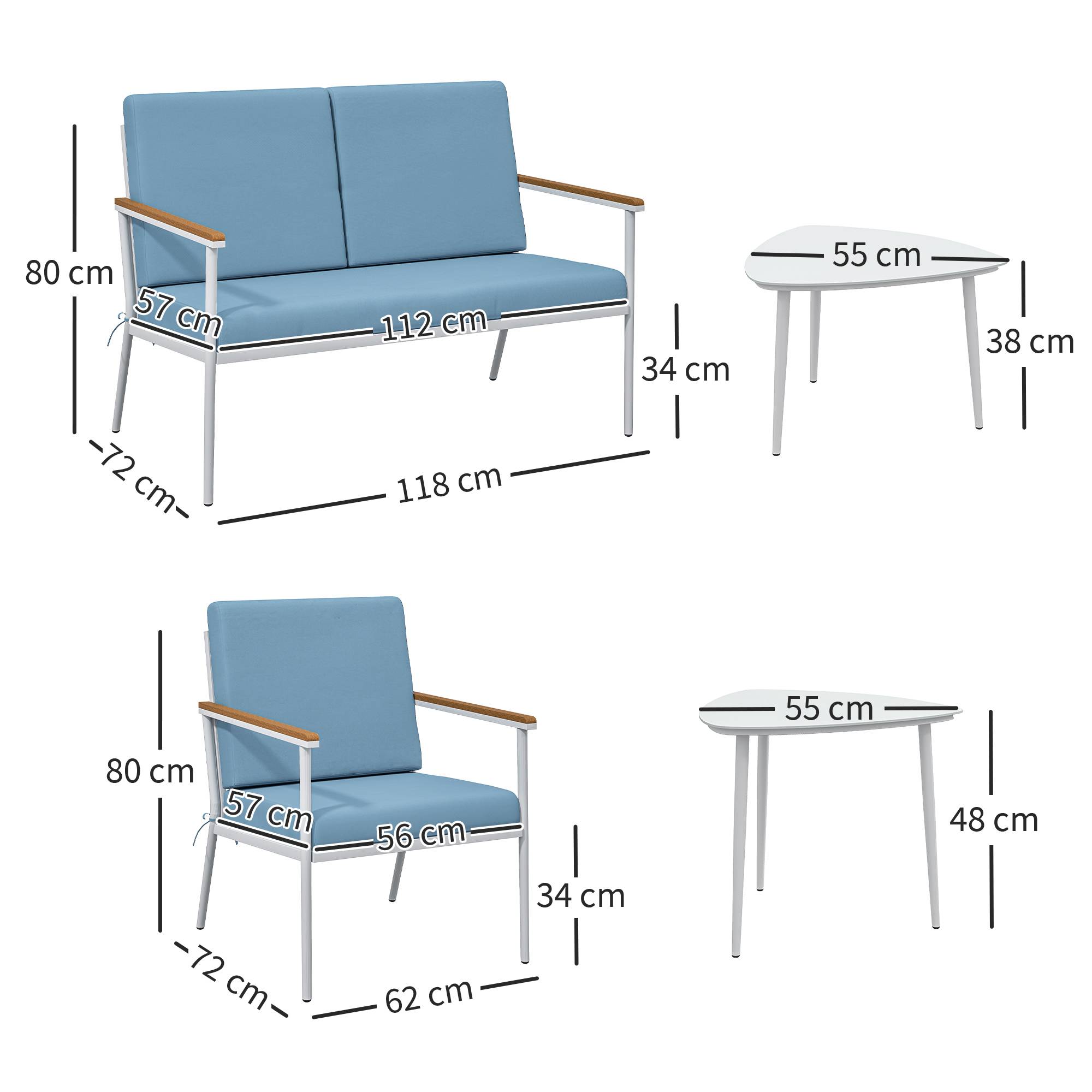 Salon de jardin extérieur 4 personnes avec canapé, 2 fauteuils et table basse en verre trempé, coussins inclus, gris - Image 5