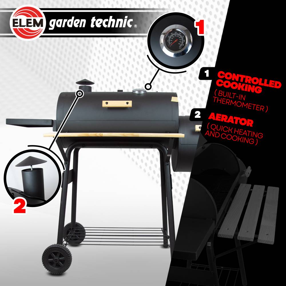 Elem Garden Technic - Barbecue charbon de bois, fumoir avec roues et thermomètre, surface de cuisson 59x25.5cm - Image 4